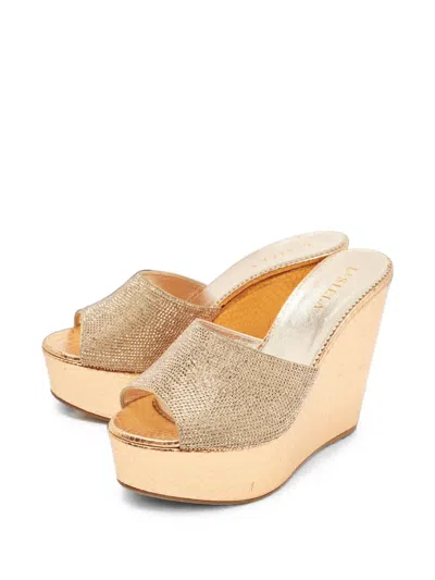 Pre-owned Le Silla Crystal Python-embossed Wedge Sandals In Gold