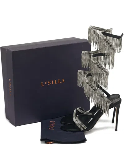 Pre-owned Le Silla Crystal Straps Satin Sandals In Black