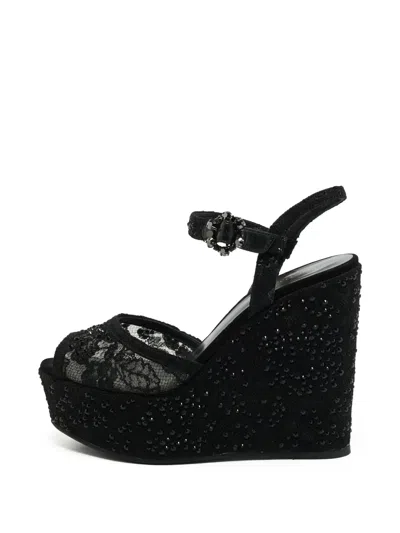 Pre-owned Le Silla Crystal-embellished Lace Sandals In Black