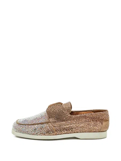 Pre-owned Le Silla Crystal-embellished Leather Loafers In Gold