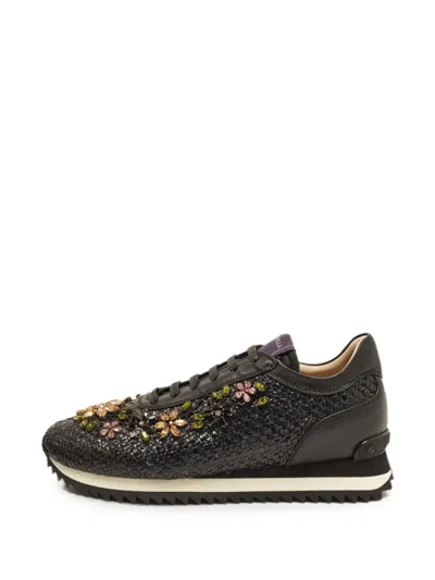 Pre-owned Le Silla Crystal-embellished Raffia Sneakers In Black