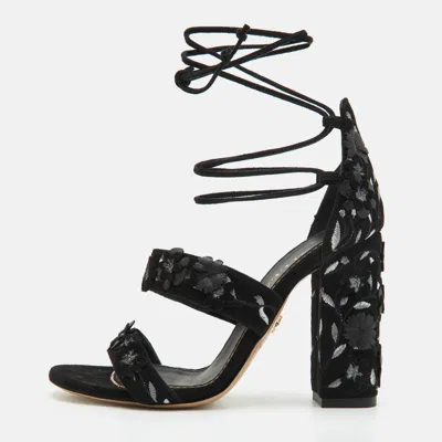 Pre-owned Le Silla Floral Size 36 Black Suede Block Heel Ankle Strap Sandals