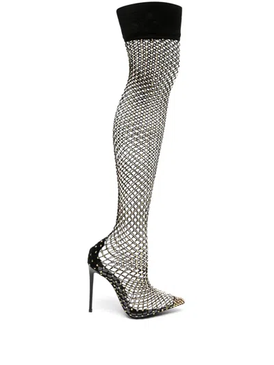 Le Silla Gilda 120mm Rhinestone Fishnet Boots In Black