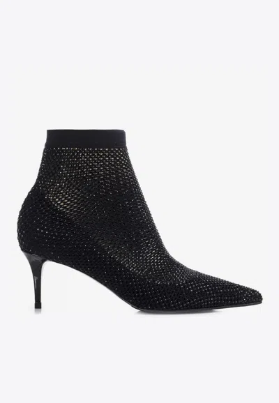 Le Silla Gilda 60 Crystal Studded Ankle Boots In Leather And Mesh In Black