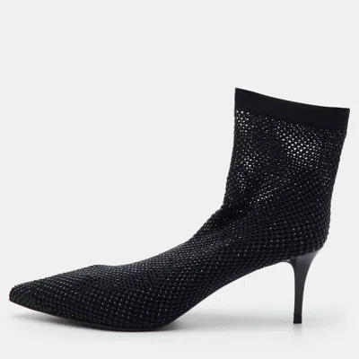 Pre-owned Le Silla Gilda Size 39 Black Stretch Fabric Crystal Embellished Ankle Length Boots