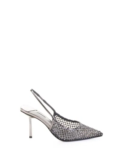 Le Silla Gilda Slingback With Mesh And Crystals In Silver