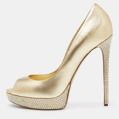 Pre-owned Le Silla Gold Leather Crystal Embellished Platform Peep Toe Pumps Size 40