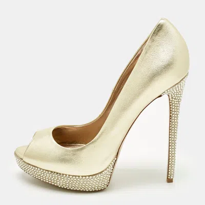 Le Silla Gold Leather Crystal Embellished Platform Pumps
