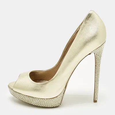Pre-owned Le Silla Gold Leather Crystal Embellished Platform Pumps Size 41