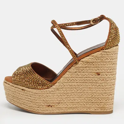 Le Silla Gold Suede Crystal Embellish Espadrille Wedge Sandals In Multi