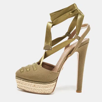 Le Silla Green Canvas Platform Ankle Tie Pumps