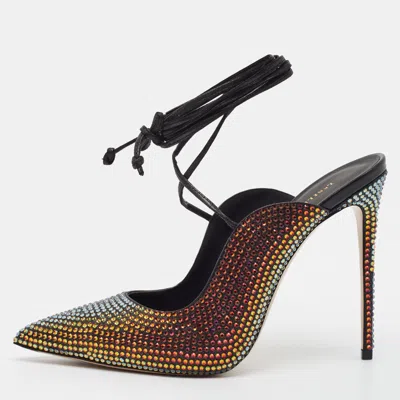 Pre-owned Le Silla Ivy Crystal Embellished Size 40 Black Satin Ankle Wrap Pumps