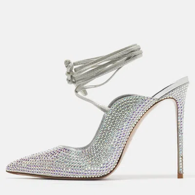 Pre-owned Le Silla Ivy Size 40 Silver Satin Crystal Embellished Ankle Wrap Pumps