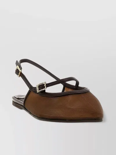 Le Silla Mesh Pointed Toe Slingback Ballerina Shoes In Brown