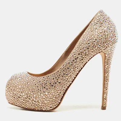 Le Silla Metallic Beige Satin Crystal Embellished Peep Toe Platform Pumps In Gold