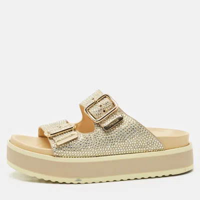 Pre-owned Le Silla Metallic Gold Suede Crystal Embellished Poolside Platform Sandals Size 38