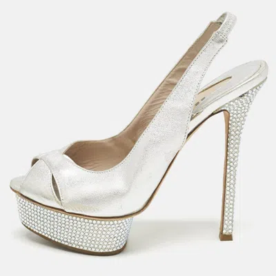 Le Silla Metallic Silver Leather Crystal Embellished Platform Slingback Sandals
