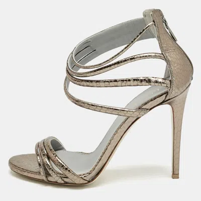 Pre-owned Le Silla Metallic Snakeskin Embossed Leather Strappy Ankle Strap Sandals Size 37