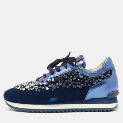 Pre-owned Le Silla Navy Blue Velvet And Leather Crystal Embellished Low Top Trainers Size 38.5