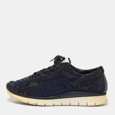 Le Silla Navy Blue/black Knit Fabric And Leather Crystal Embellished Low Top Sneakers