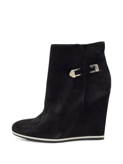 Pre-owned Le Silla Pin-embellished Wedge Ankle Boots In Black