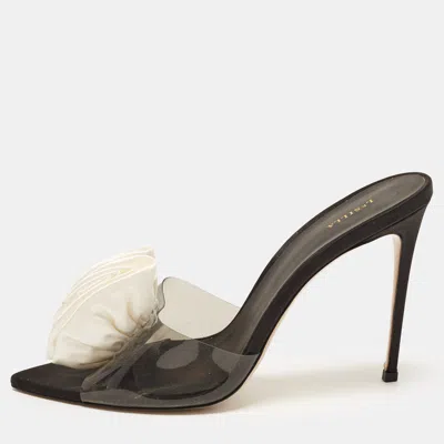 Pre-owned Le Silla Plexi Size 40 Transparent/black Pvc And Satin Flower Embellished Slide Sandals