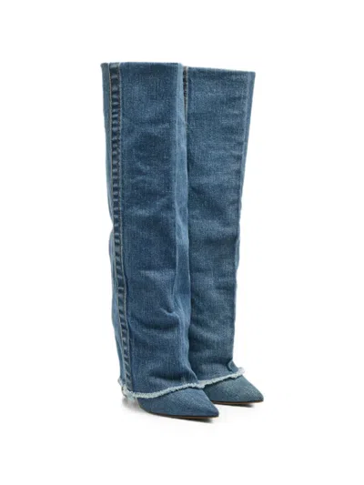 Pre-owned Le Silla Pointed-toe Denim Mid-calf Boots In Blue