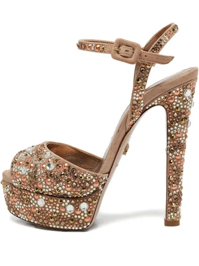 Pre-owned Le Silla  140mm Crystal-embellished Platform Sandals In Neutral