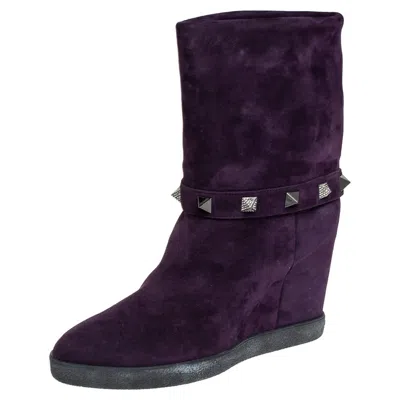 Le Silla Purple Suede Embellished Mid Calf Boots In Animal Print