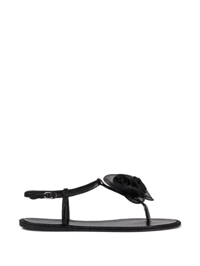 Le Silla Rose-applique Flat Sandals In Black