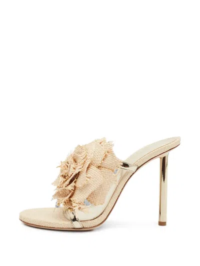 Pre-owned Le Silla Rose Appliqué Raffia Sandals In Neutrals