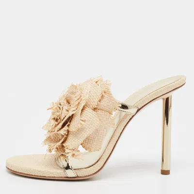 Pre-owned Le Silla Rose Applique Size 40 Beige Raffia Slide Sandals