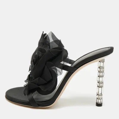 Pre-owned Le Silla Rose Applique Size 40 Black Satin Slide Sandals