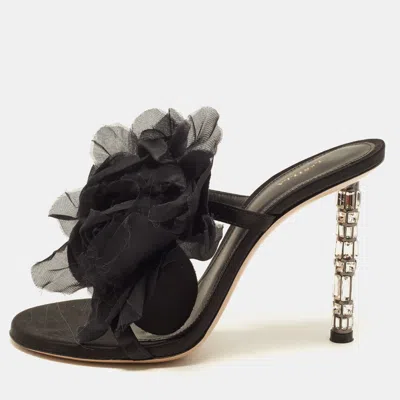 Pre-owned Le Silla Rose Applique Size 40 Black Satin Slide Sandals