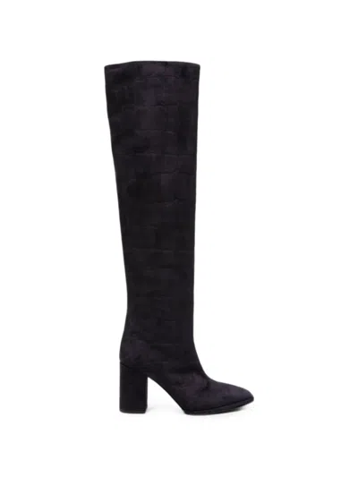 Le Silla Croc Effect Suede High Shaft Boots In Black