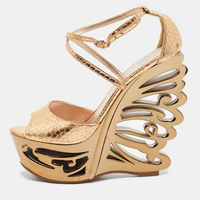 Pre-owned Le Silla Size 35 Metallic Snakeskin Embossed Leather Butterfly Platform Wedge Sandals In Silver
