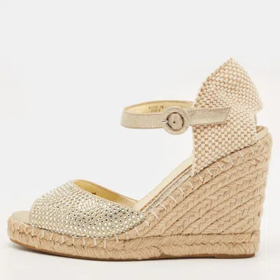 Pre-owned Le Silla Size 36 Gold Knit Fabric And Leather Crystal Embellished Espadrille Sandals