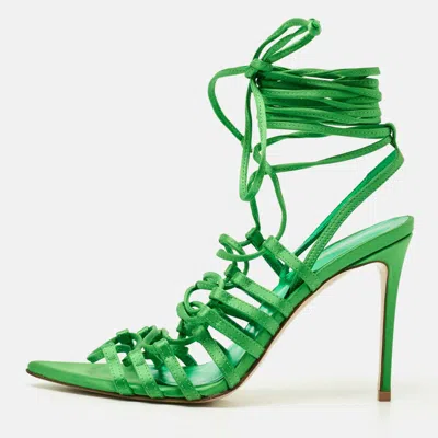 Pre-owned Le Silla Size 36.5 Green Satin Ankle Wrap Sandals