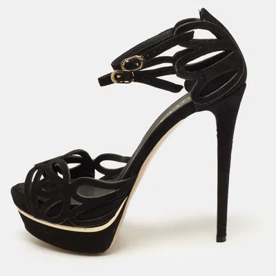 Pre-owned Le Silla Size 38 Black Cutout Suede Platform Ankle Strap Sandals