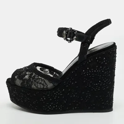 Pre-owned Le Silla Size 38 Black Lace And Mesh Crystal Embellished Wedge Sandals