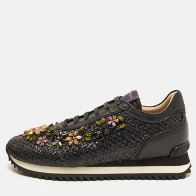 Pre-owned Le Silla Size 38 Black Leather And Raffia Crystal Embellished Lace Up Sneakers