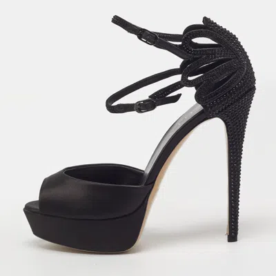 Pre-owned Le Silla Size 38 Black Leather And Satin Crystal Embellished Ankle Strap Sandals