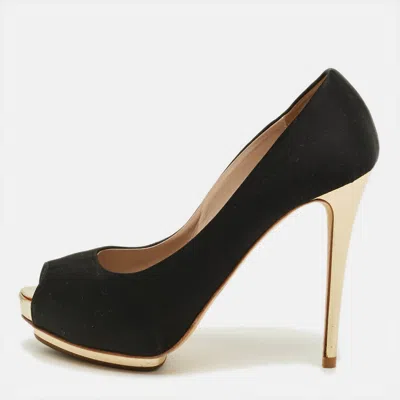 Pre-owned Le Silla Size 38 Black Satin Platform Peep Toe Pumps