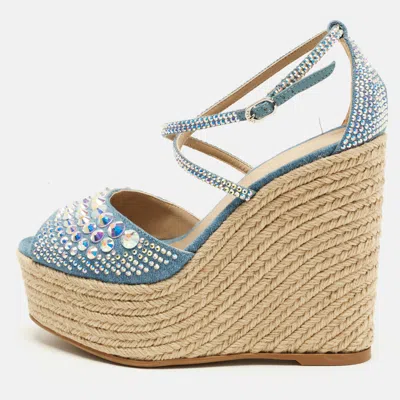 Pre-owned Le Silla Size 38 Blue Denim Crystal Embellish Espadrille Sandals