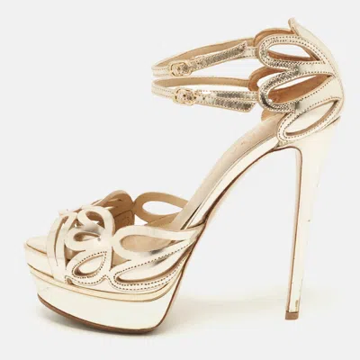 Pre-owned Le Silla Size 38 Gold Leather Ankle Strap Sandals