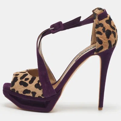 Pre-owned Le Silla Size 38 Purple/beige Leopard Print Calf Hair And Suede Platform Ankle Strap Sandals