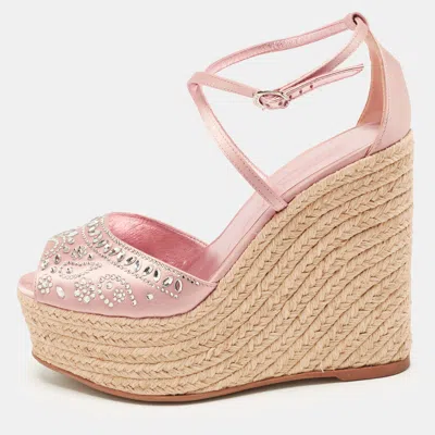 Pre-owned Le Silla Size 38 Rose Gold Satin Crystal Embellish Espadrille Wedge Sandals In Pink