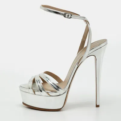 Pre-owned Le Silla Size 38 Silver Leather Platform Ankle Strap Sandals