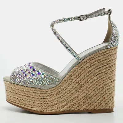 Pre-owned Le Silla Size 38 Silver Lurex Fabric Espadrille Wedge Sandals