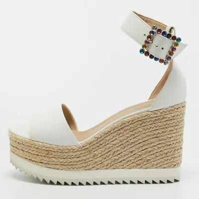 Pre-owned Le Silla Size 38 White Leather Ankle Strap Espadrille Sandals